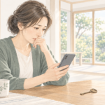 明るい実家の食卓でスマートフォンを見つめる女性と古い鍵のイラスト