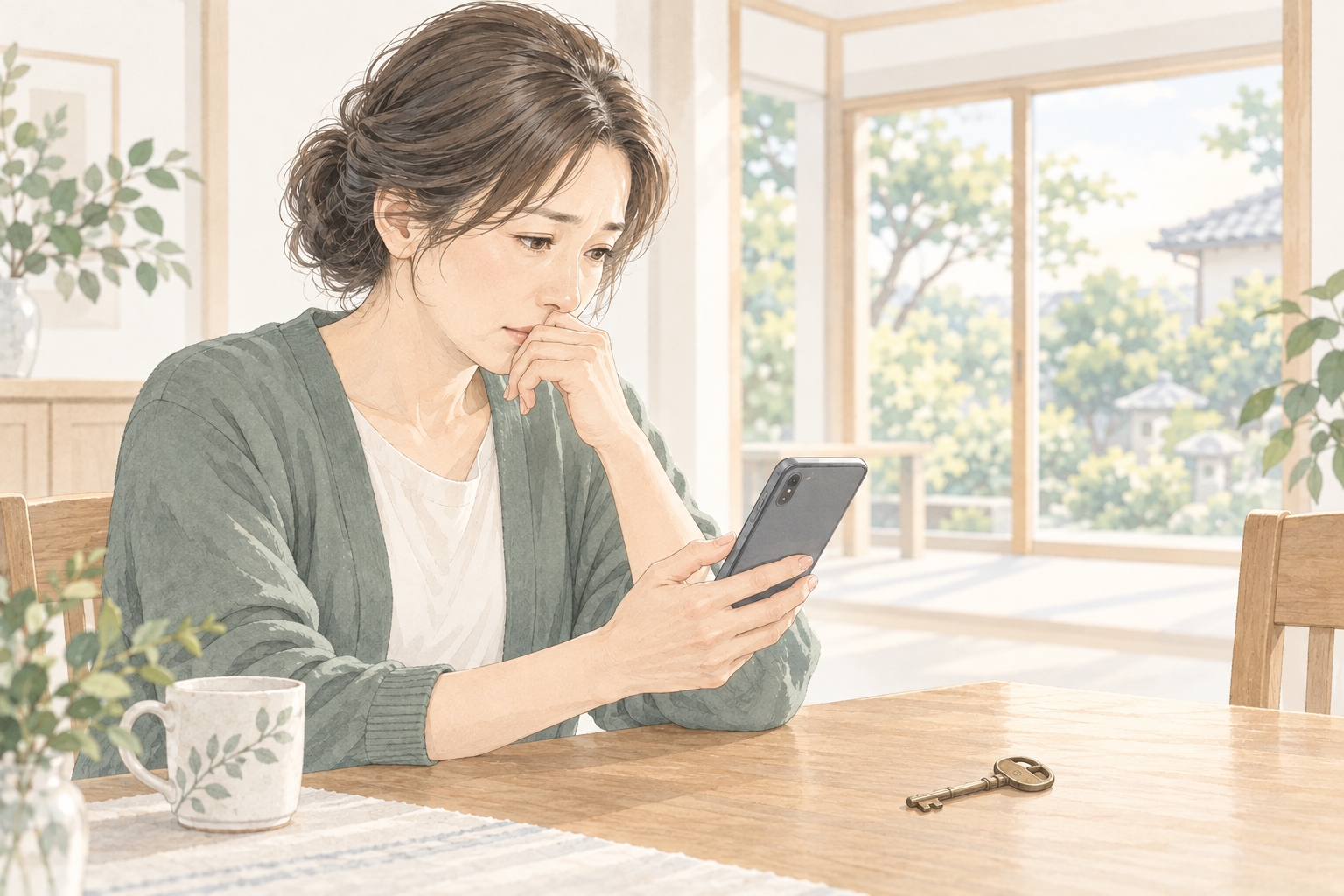 明るい実家の食卓でスマートフォンを見つめる女性と古い鍵のイラスト