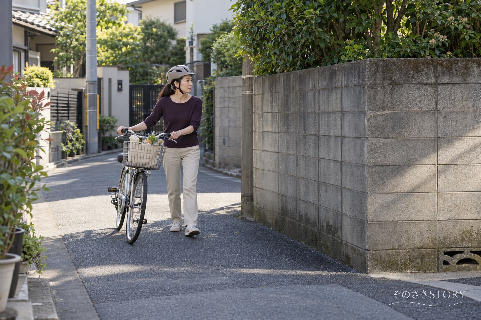見通しの悪い住宅街の角で、自転車を降りて押しながら進む47歳の瑛里のイメージ