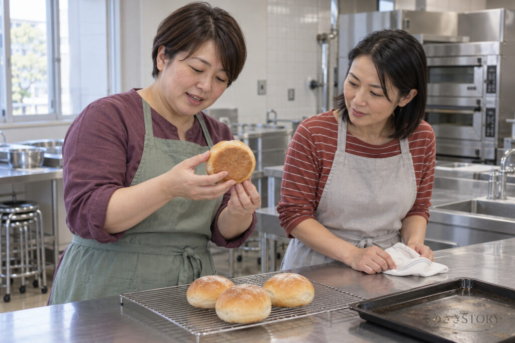 公民館の調理室で、焼いたパンの裏を同じサークルの女性に見せる49歳の千晶を描いたイメージ