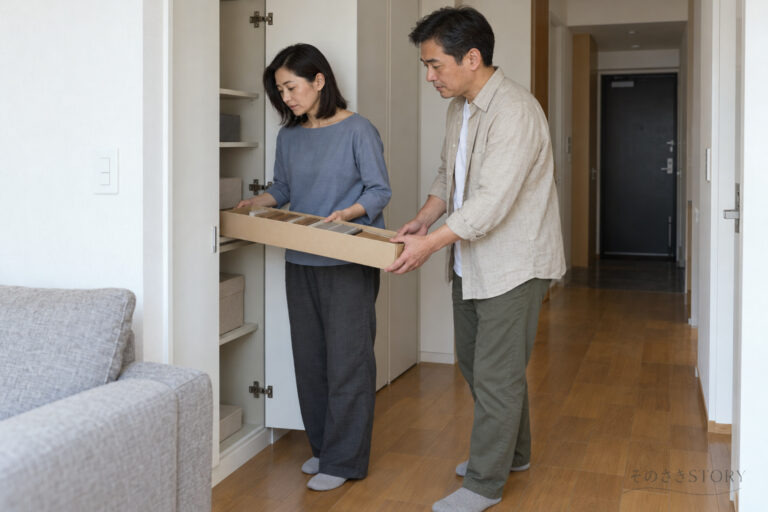 自宅マンションで、床材の見本の箱を収納へ戻す54歳の博臣と52歳のパートナー・志保を描いたイメージ