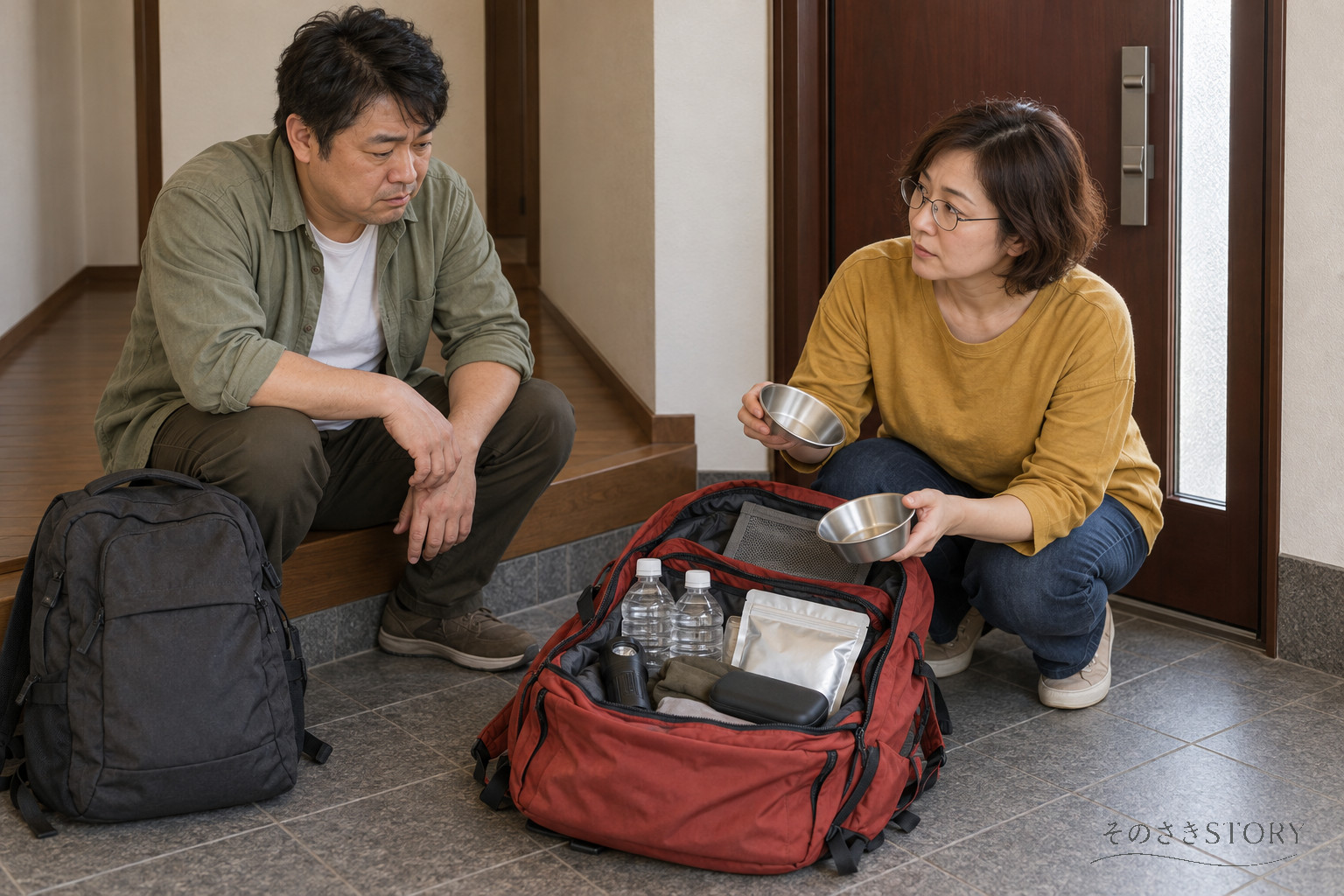 自宅の玄関で、防災リュックの中身を確かめる47歳の晃と46歳の妻・紀子を描いたイメージ