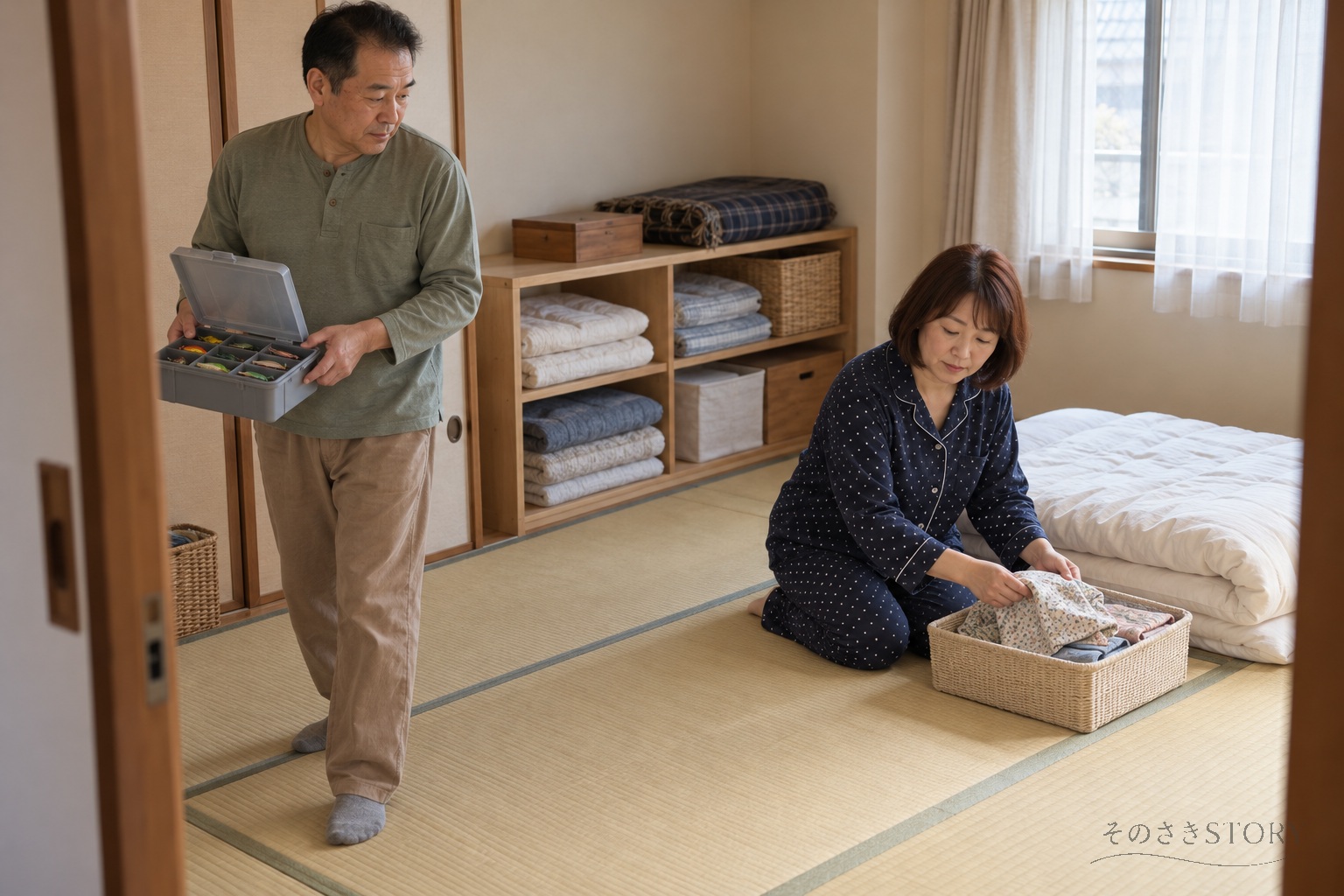 別室で眠る場所を空けるため、手芸道具を片づける52歳の奈津紀と釣り具を運ぶ55歳の夫のイメージ