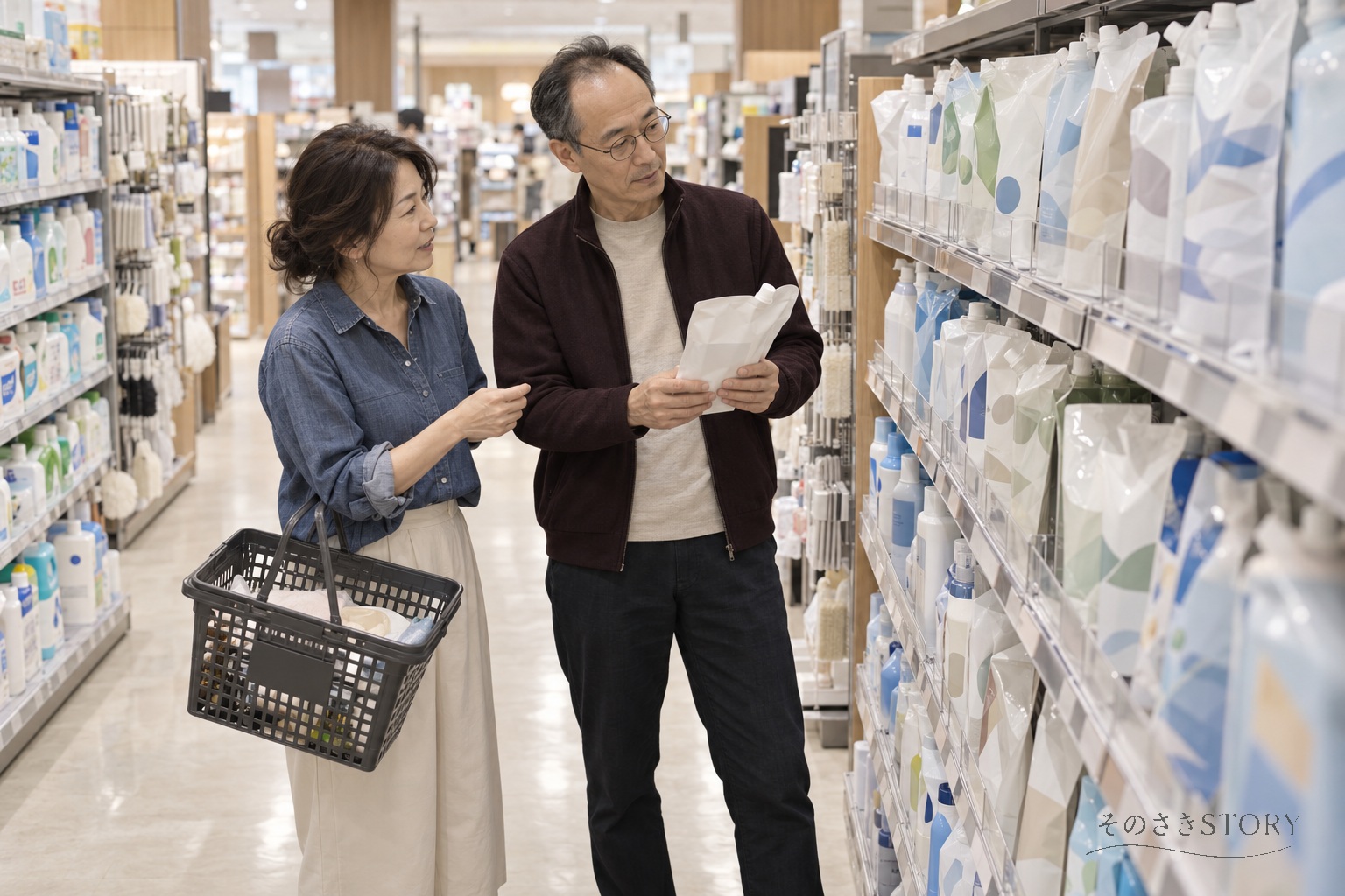 スーパーの日用品売り場で、詰め替え用洗剤の量を見比べる56歳の彰比古と54歳の紗央里のイメージ