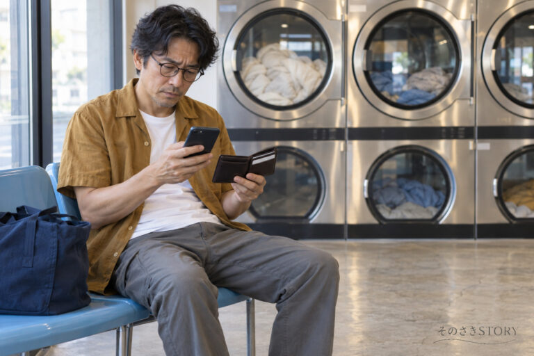 コインランドリーで、手元のカードとスマートフォンの明細を見比べる52歳の俊哉を描いたイメージ