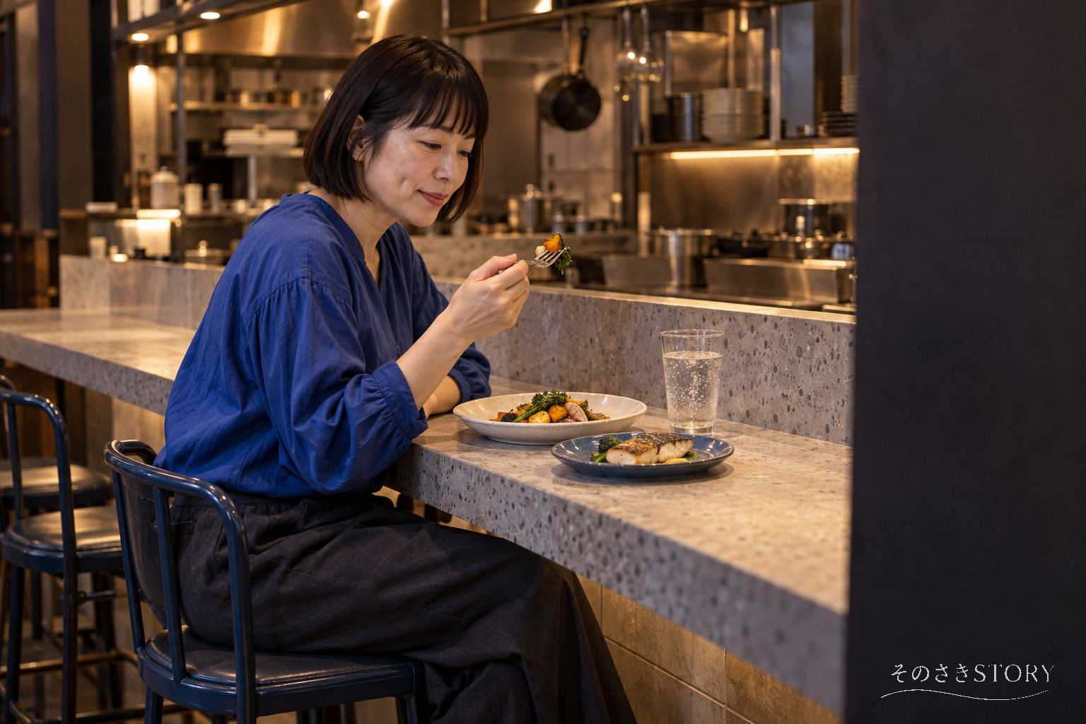 小さな洋食店のカウンターで、1人分の料理を選んで夕食を食べる50歳の佳乃を描いたイメージ