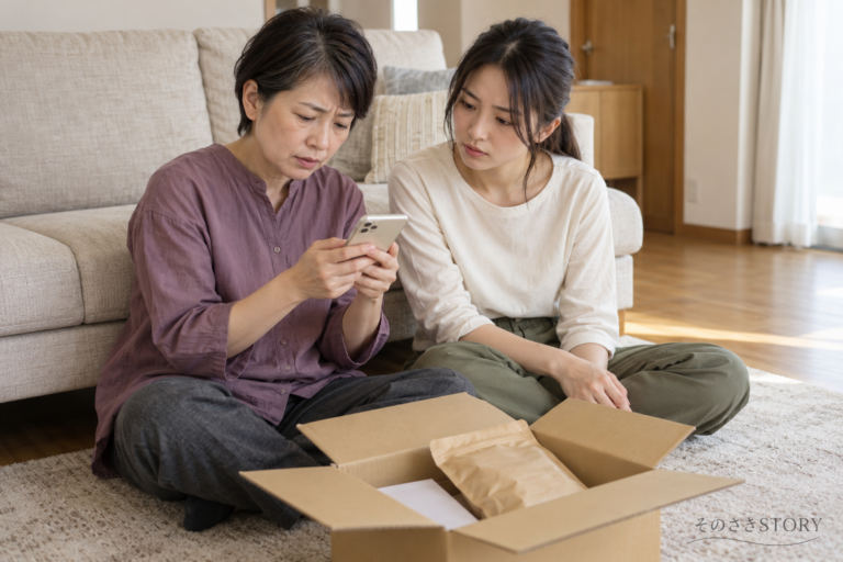 居間で届いたコーヒーの箱を前に、スマートフォンの注文内容を確認する母娘