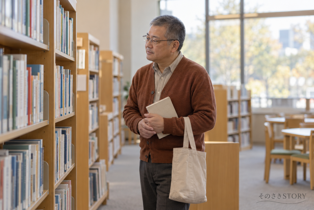 図書館の本棚の前で、借りた本と布の鞄を持つ一人暮らしの男性