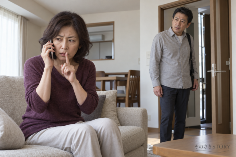 警察を名乗る電話を聞きながら、帰宅した夫に待ってと合図する女性