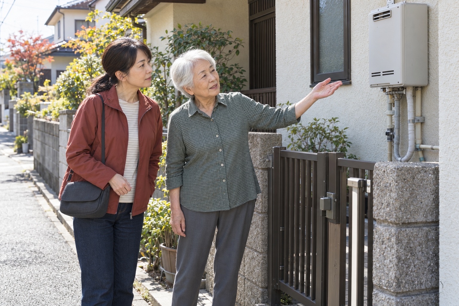 貸家の外で給湯器を見ながら、財産管理について話す53歳の娘と79歳の母のイメージ