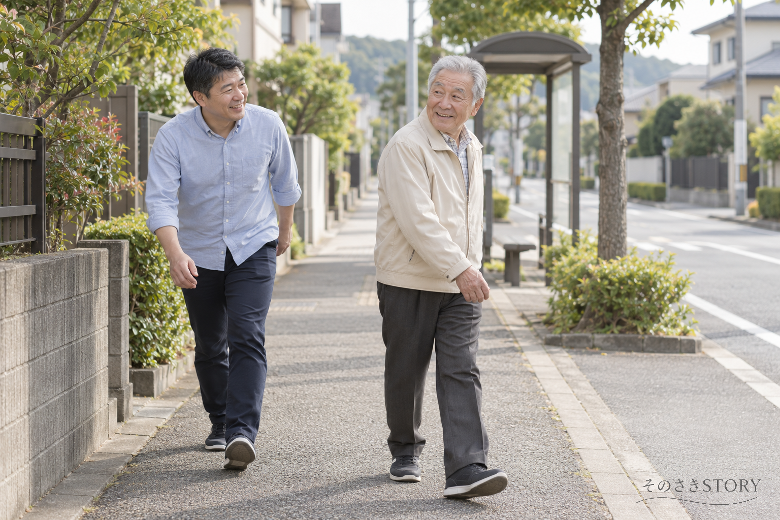 バス停への道で、先を歩く父に息子が追いつこうとする場面