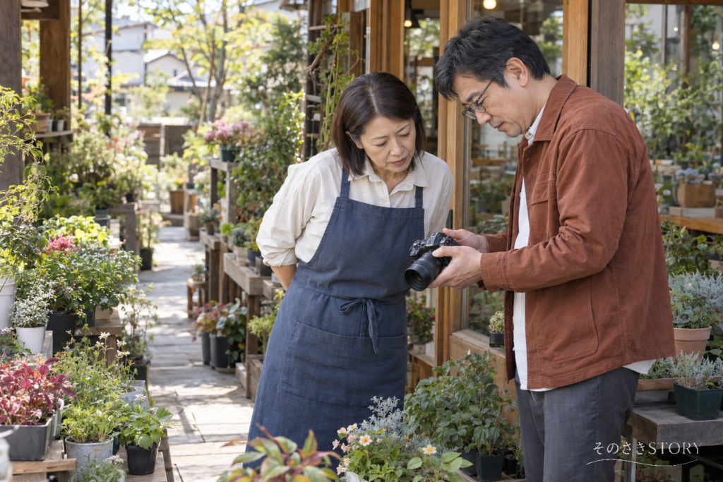 園芸店の入口で、52歳の直人がカメラの写真を店主に見せて確認する場面を描いたイメージ