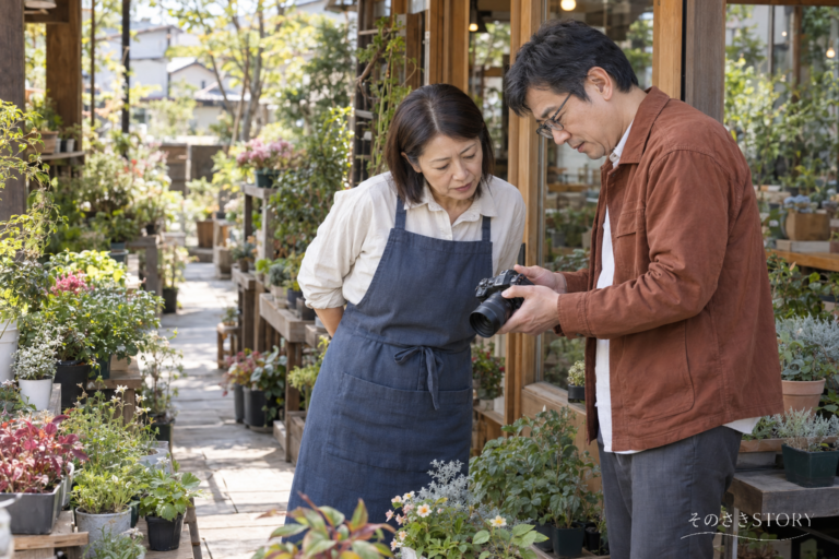 園芸店の入口で、52歳の直人がカメラの写真を店主に見せて確認する場面を描いたイメージ