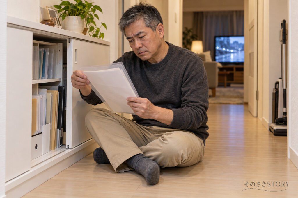 自宅の廊下で、収納から取り出した保険の書類を確かめる54歳の亮介を描いたイメージ
