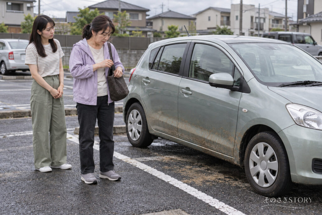 水が引いた駐車場で、水に浸かった愛車から離れ、鍵を鞄へしまう55歳の美津と24歳の娘を描いたイメージ