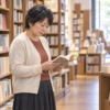 書店で一人、選んだ本を手にする52歳の由紀を描いたイメージ