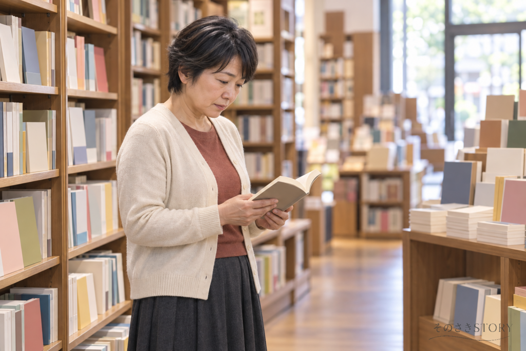 書店で一人、選んだ本を手にする52歳の由紀を描いたイメージ