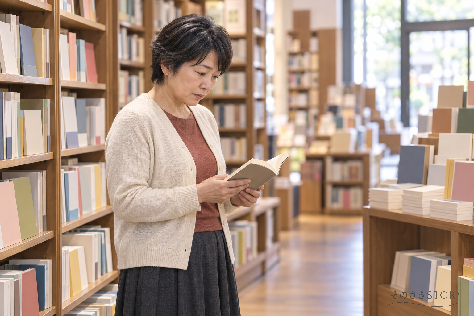 書店で一人、選んだ本を手にする52歳の由紀を描いたイメージ