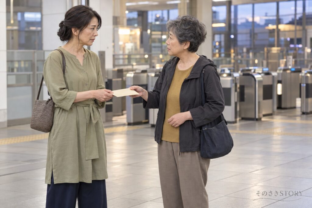 駅の改札前で、保証人の書類が入った封筒を友人の祐里へ返す57歳の尚枝のイメージ