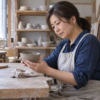 陶芸教室で作りかけの小鉢を手にし、縁を見つめる55歳の美佐子を描いたイメージ