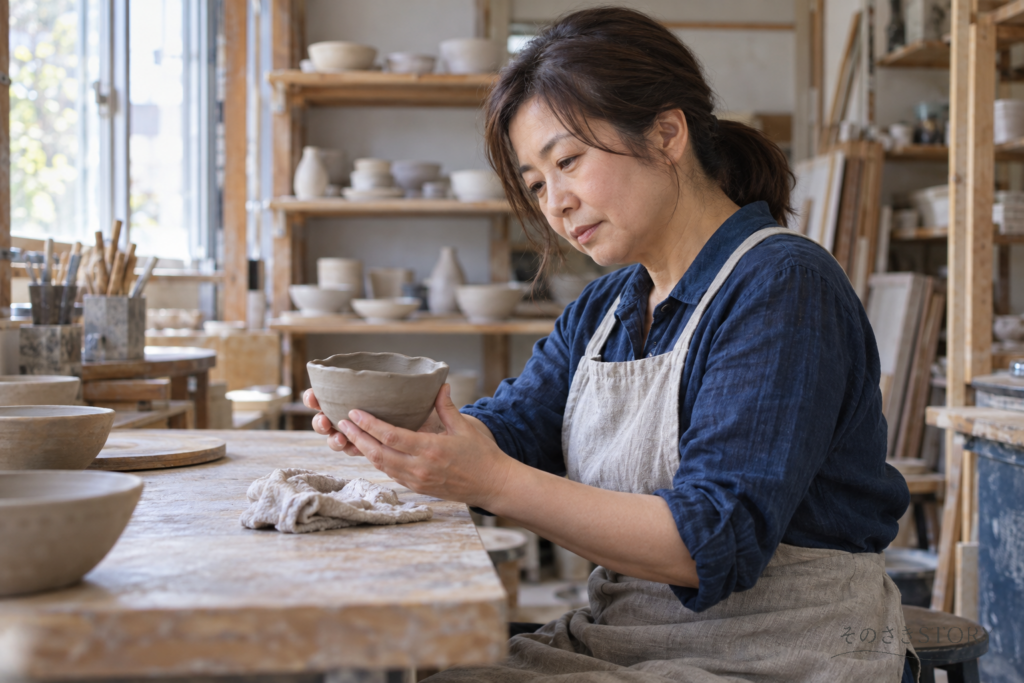 陶芸教室で作りかけの小鉢を手にし、縁を見つめる55歳の美佐子を描いたイメージ