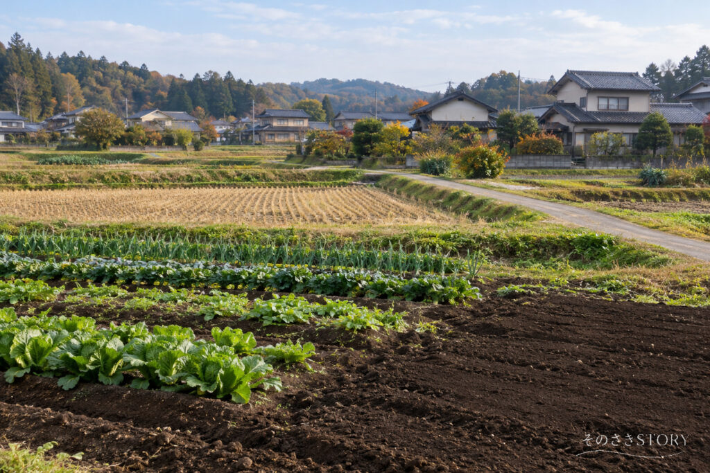日本の住宅地のそばに広がる田畑と農道を描いたAI生成イメージ
