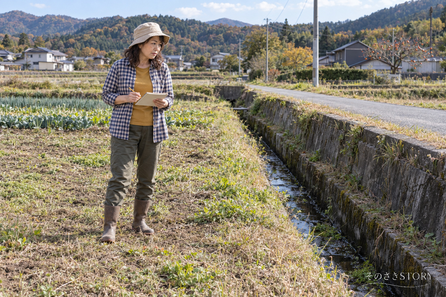 相続した畑の水路のそばで、土地の形を紙に描きながら周囲を確かめる54歳の智佳を描いたイメージ