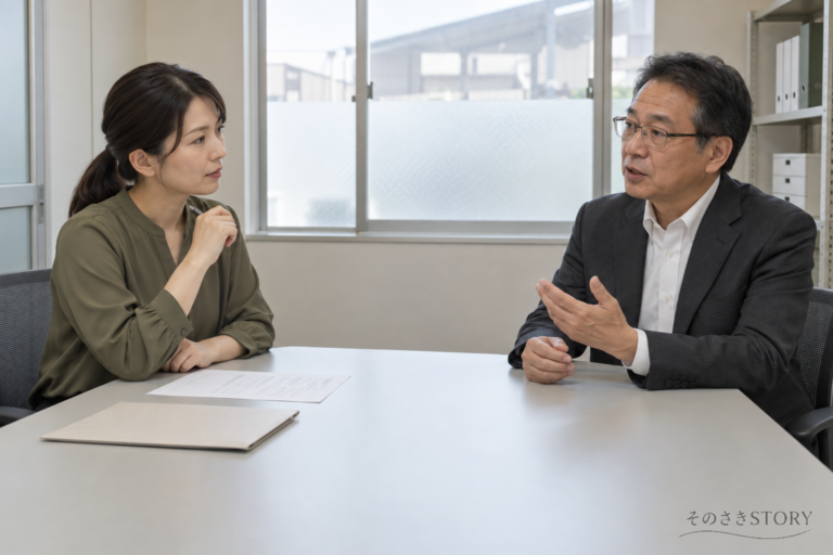 転職面接で過去の仕事を説明する男性と、話を聞く採用担当者