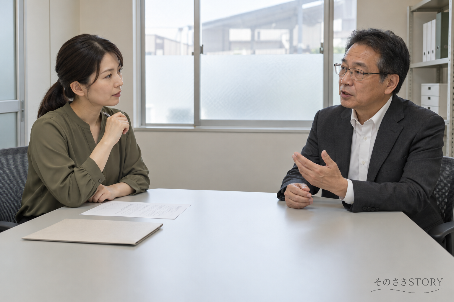 転職面接で過去の仕事を説明する男性と、話を聞く採用担当者