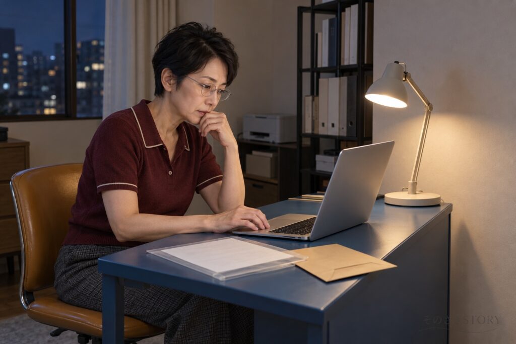 父の紙を透明なケースに収め、自宅で兄へのメールを考える55歳の美登里を描いたイメージ
