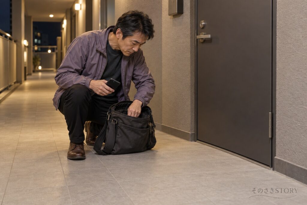 夜のマンション廊下で、鍵が見つからず鞄のポケットを探す54歳の圭吾のイメージ