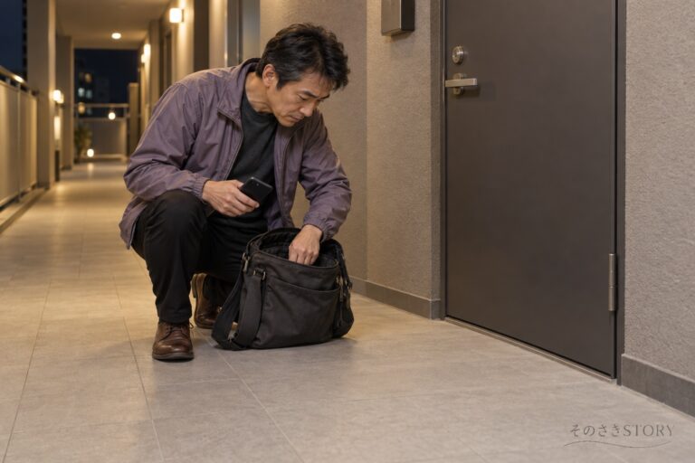 夜のマンション廊下で、鍵が見つからず鞄のポケットを探す54歳の圭吾のイメージ