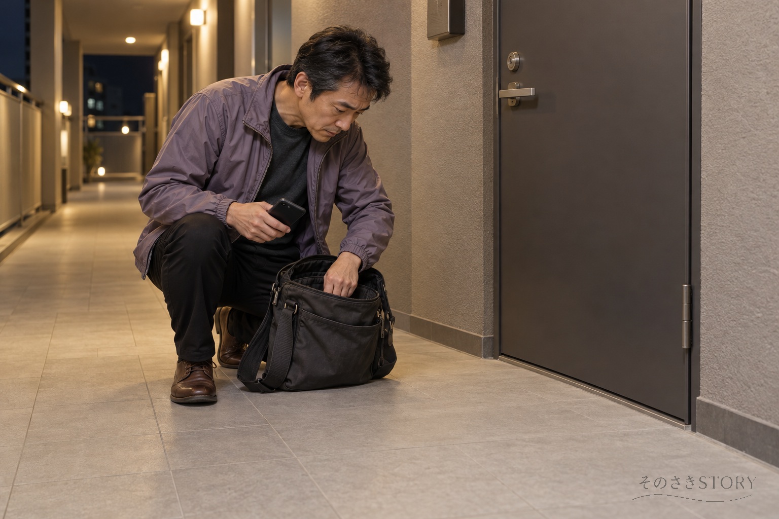 夜のマンション廊下で、鍵が見つからず鞄のポケットを探す54歳の圭吾のイメージ