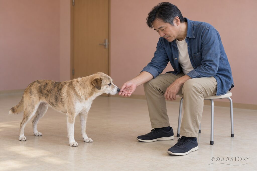 譲渡の面会室で丸椅子に座り、6歳の犬ハルが指先に鼻を寄せるのを見守る56歳の宗一のイメージ