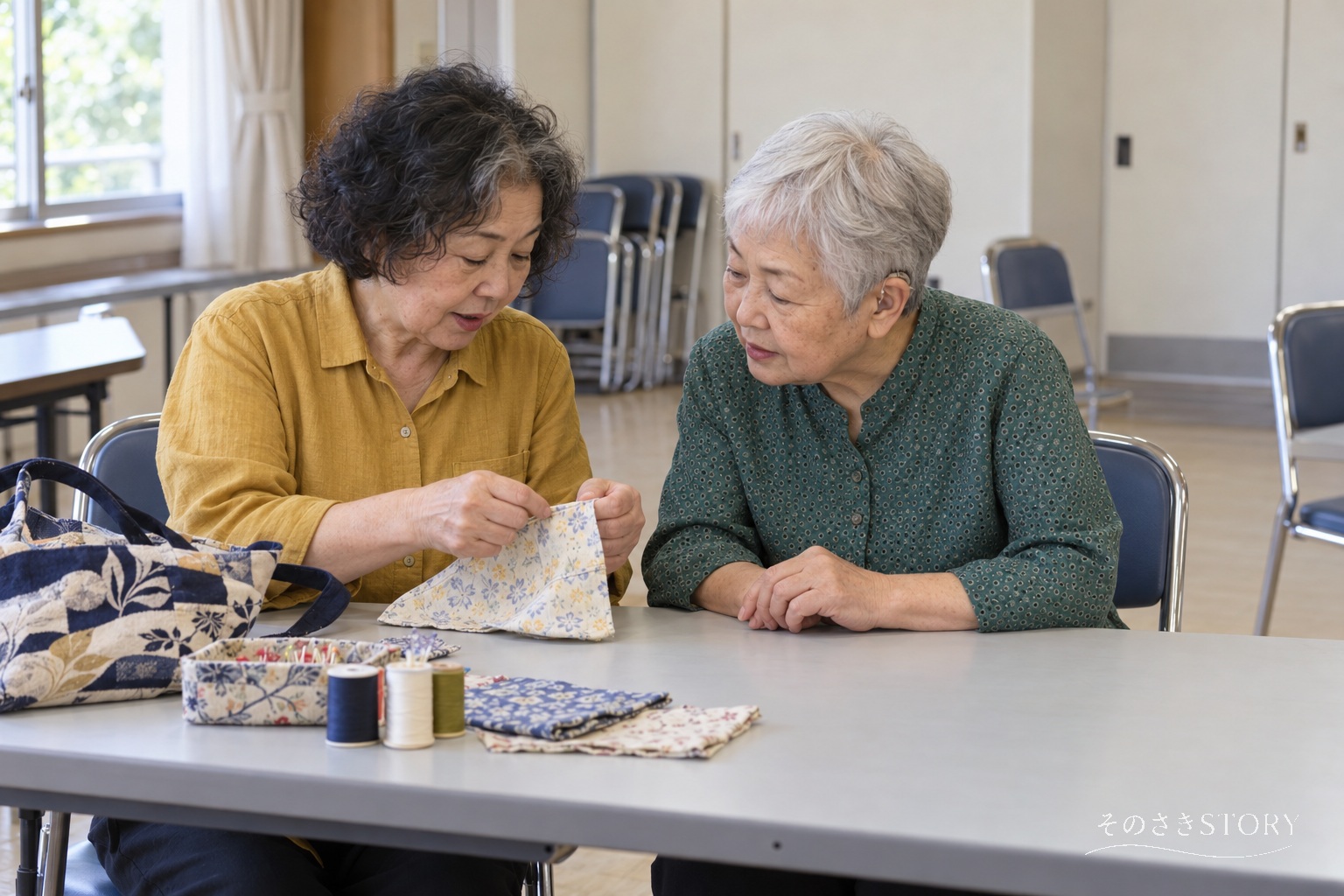 手芸の会で補聴器をつけ、隣の人が見せる縫い目を確かめながら話す76歳の鮎子のイメージ