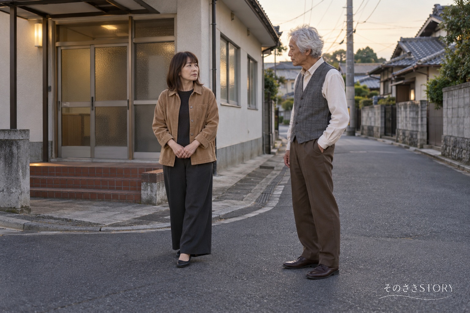 自治会の打合せの帰り道、役員の小田さんと担当範囲について話す53歳の茉由子のイメージ