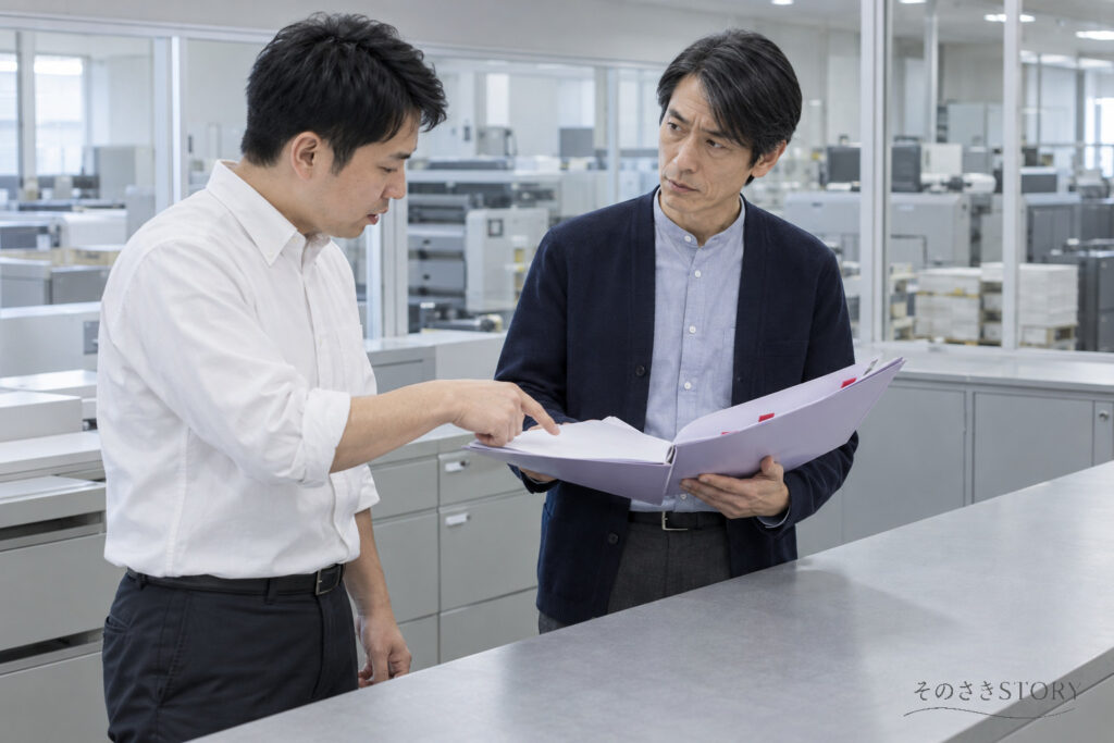 休暇前の職場で、引き継ぎ用のファイルを同僚へ渡す51歳の雅彦を描いたイメージ