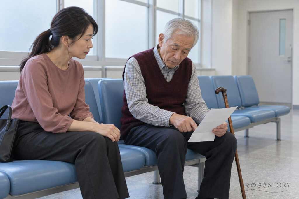 病院の待合室で、自分の質問メモを持つ78歳の父と、隣で話を聞く50歳の娘・沙知を描いたイメージ