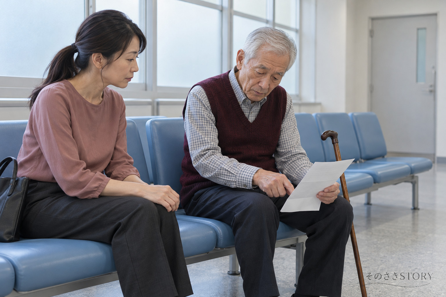 病院の待合室で、自分の質問メモを持つ78歳の父と、隣で話を聞く50歳の娘・沙知を描いたイメージ