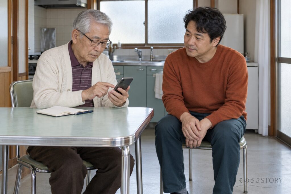 実家で自分のスマホを操作する78歳の耕造と、取り上げずに見守る50歳の息子・英嗣のイメージ