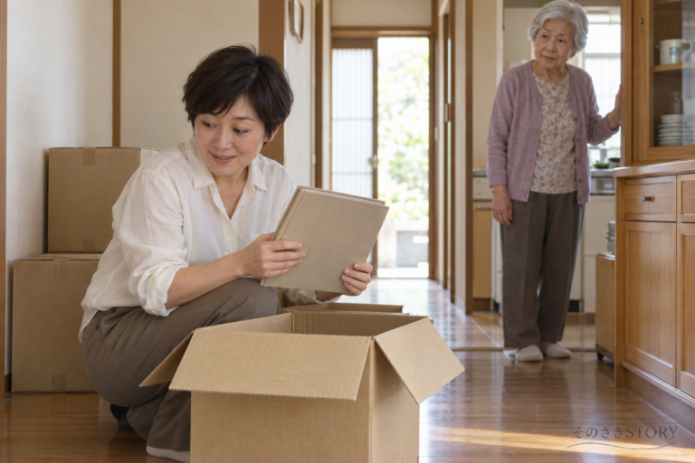 実家の廊下で自分の段ボールを開け、アルバムを手にする52歳の娘と、台所から見守る76歳の母