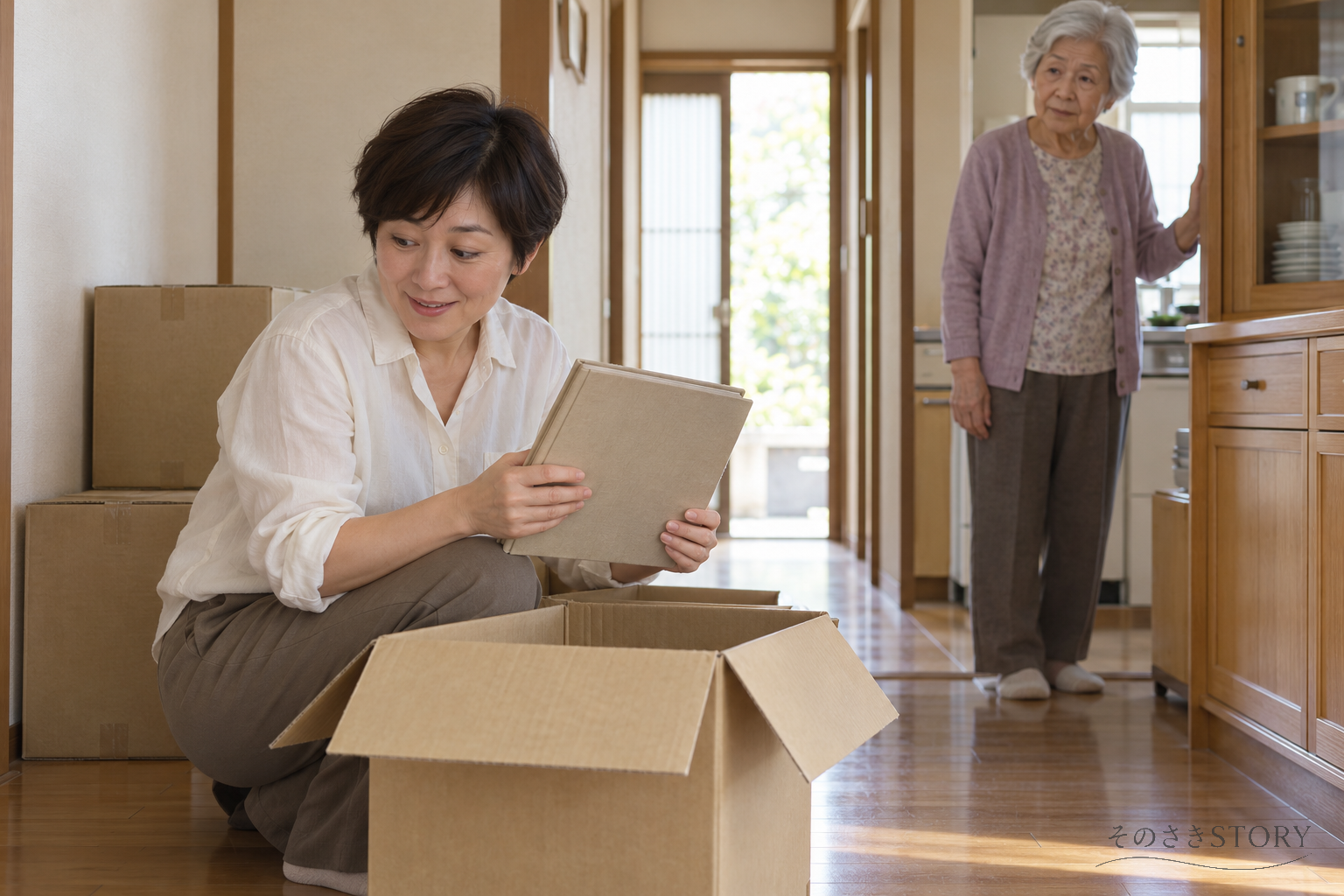 実家の廊下で自分の段ボールを開け、アルバムを手にする52歳の娘と、台所から見守る76歳の母