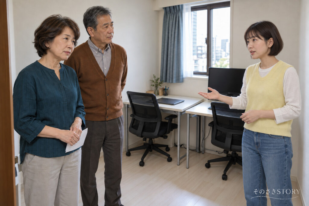 息子家族のマンションの仕事部屋で、同居について話す65歳の志津、67歳の康平と30代の息子の妻・奈緒を描いたイメージ