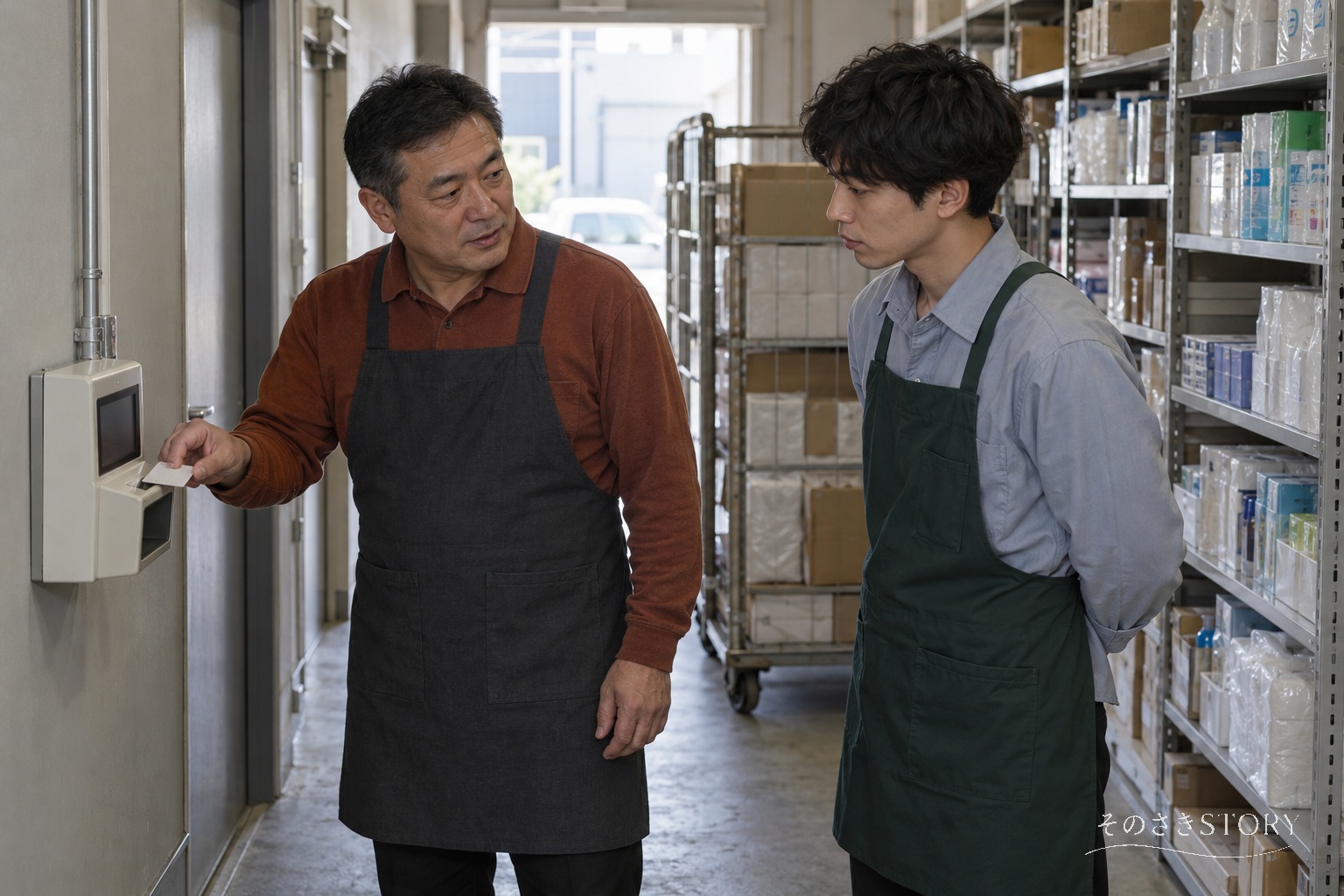 生活用品店のバックヤードで、新人に作業前の打刻を教える50歳の惇史のイメージ