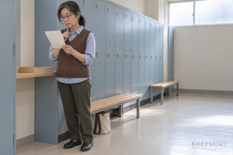 パート先の更衣室で勤務希望用紙を手に持ち、年金を受け取る時期と働く日数を考える64歳の郁乃のイメージ