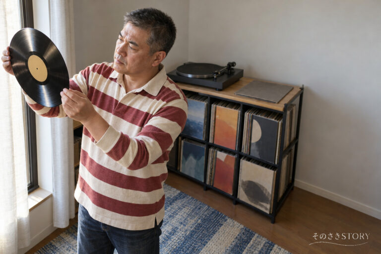 自宅のレコード棚の前で、盤を窓の光にかざして傷を確かめる51歳の稔彦を描いたイメージ