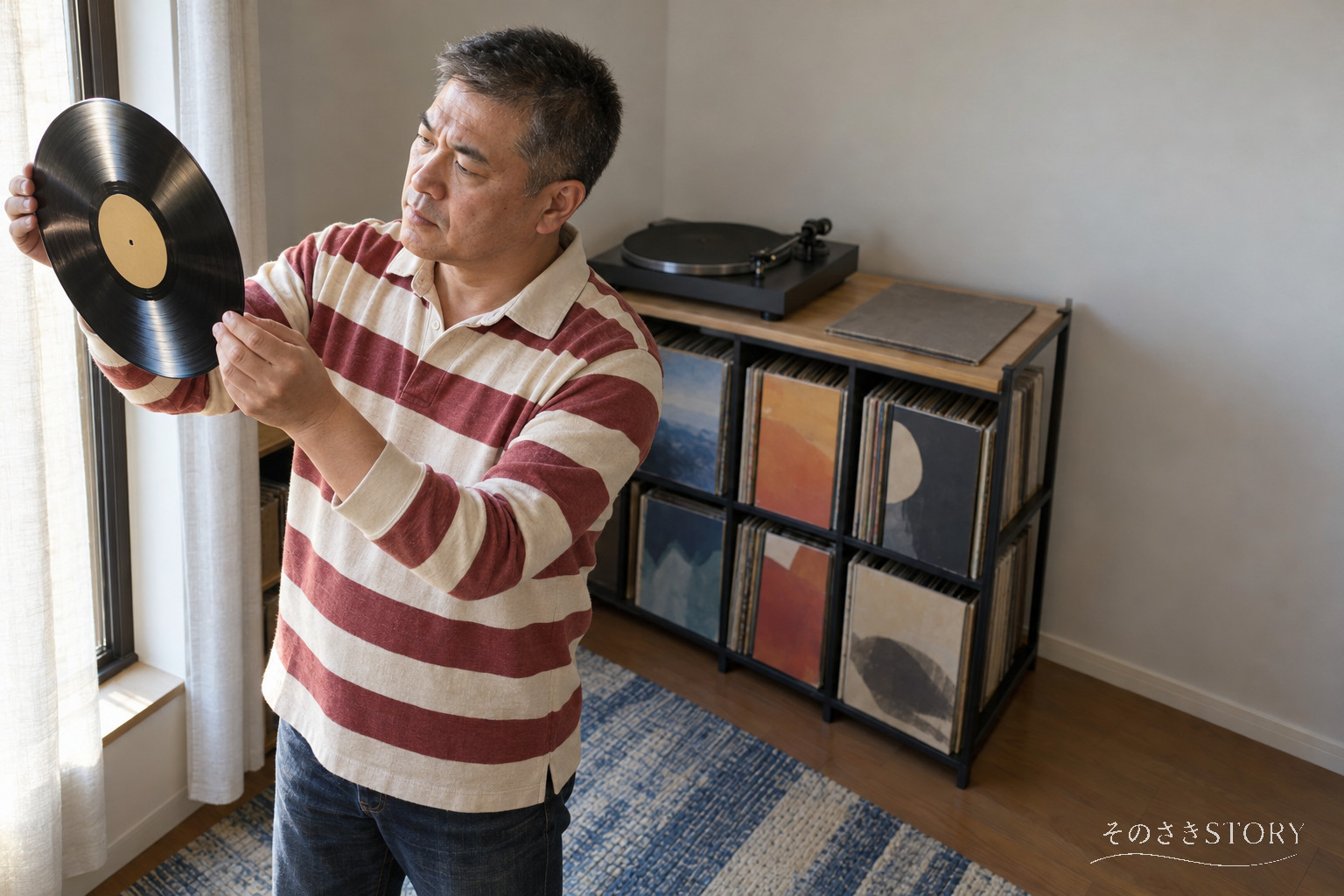 自宅のレコード棚の前で、盤を窓の光にかざして傷を確かめる51歳の稔彦を描いたイメージ