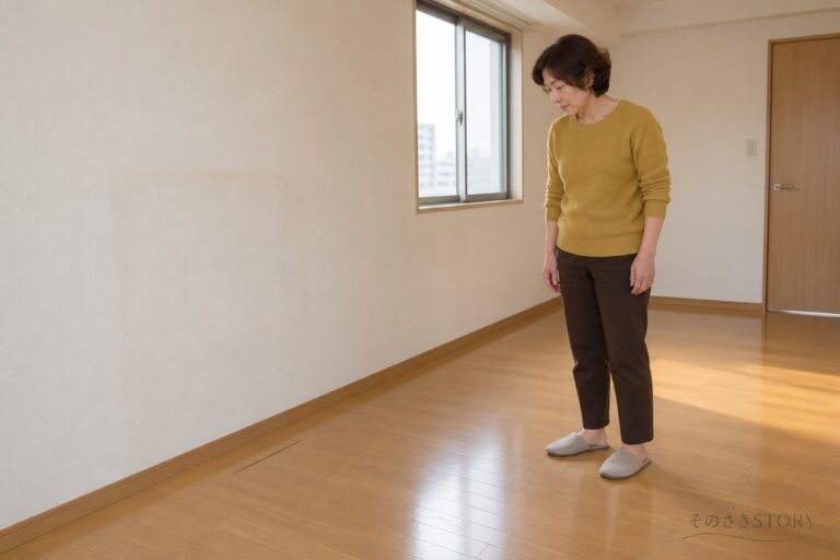 家具を運び出した賃貸の部屋で、床の傷を見つめる56歳の女性のイメージ