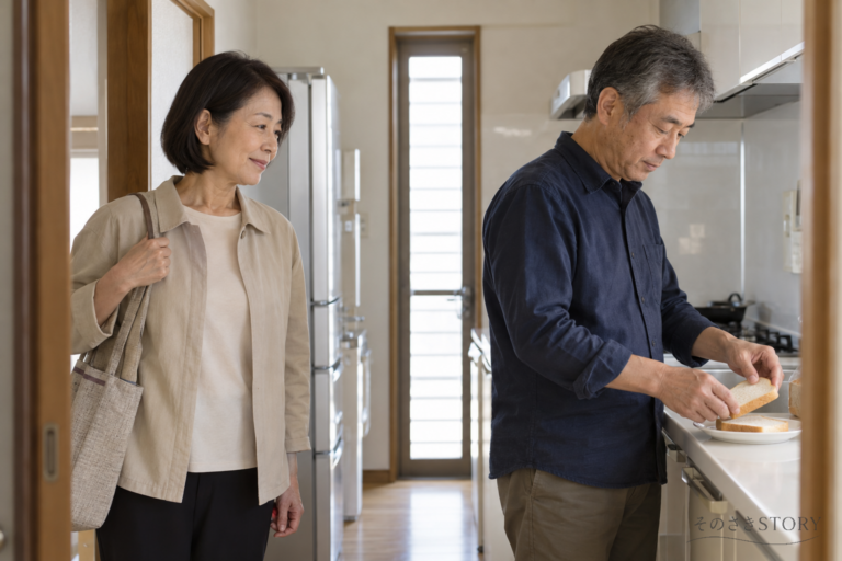 台所で自分の昼食を用意する夫と、鞄を持って出かける妻