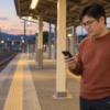 同窓会帰りの駅のホームで、写真をSNSから消してほしいという連絡を読む49歳の男性